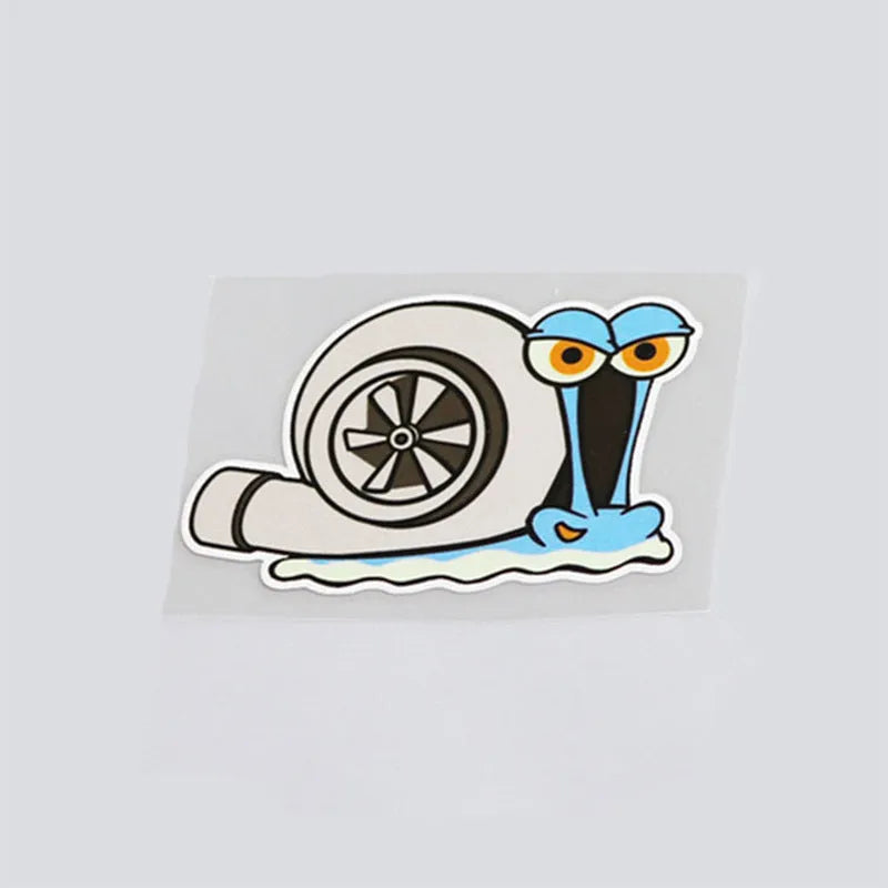 Reflective cartoon snail design car sticker measuring 12 by 8 centimetres.