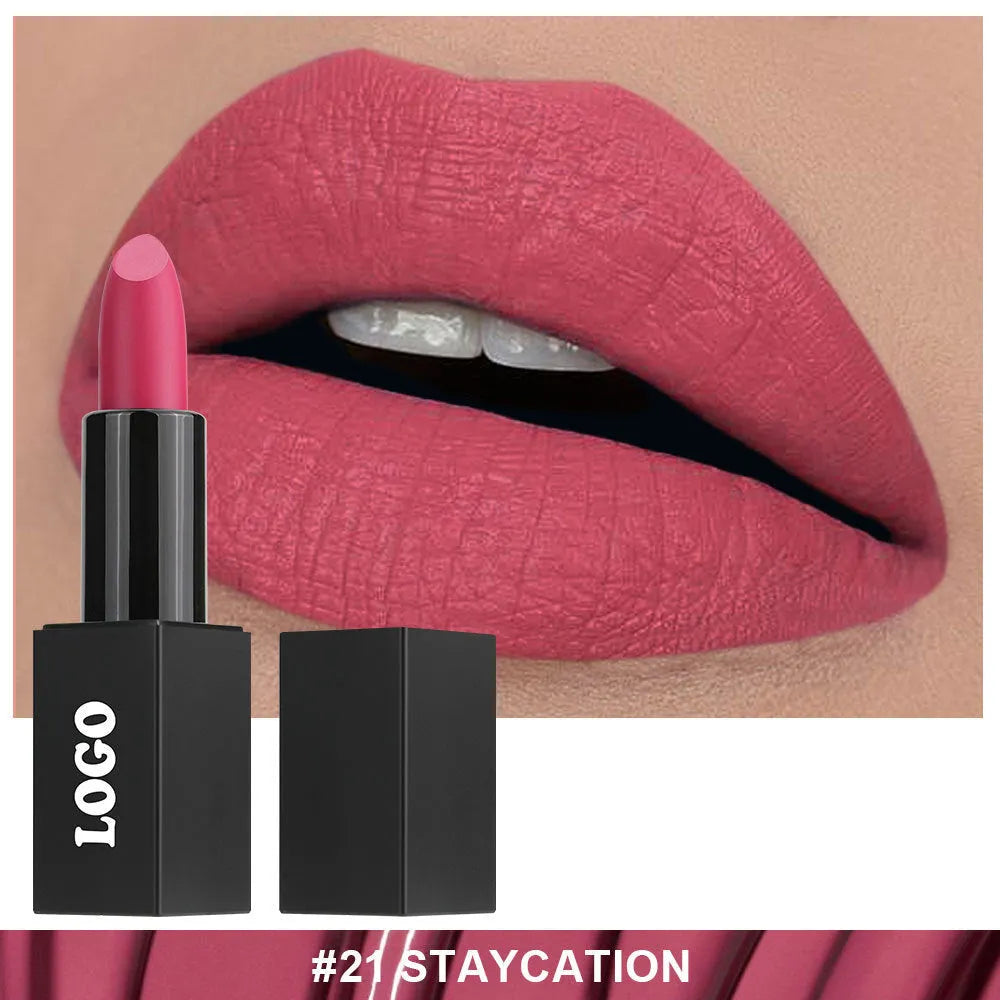 Matte finish lipstick in a tube, shown in one of 24 available waterproof shades.