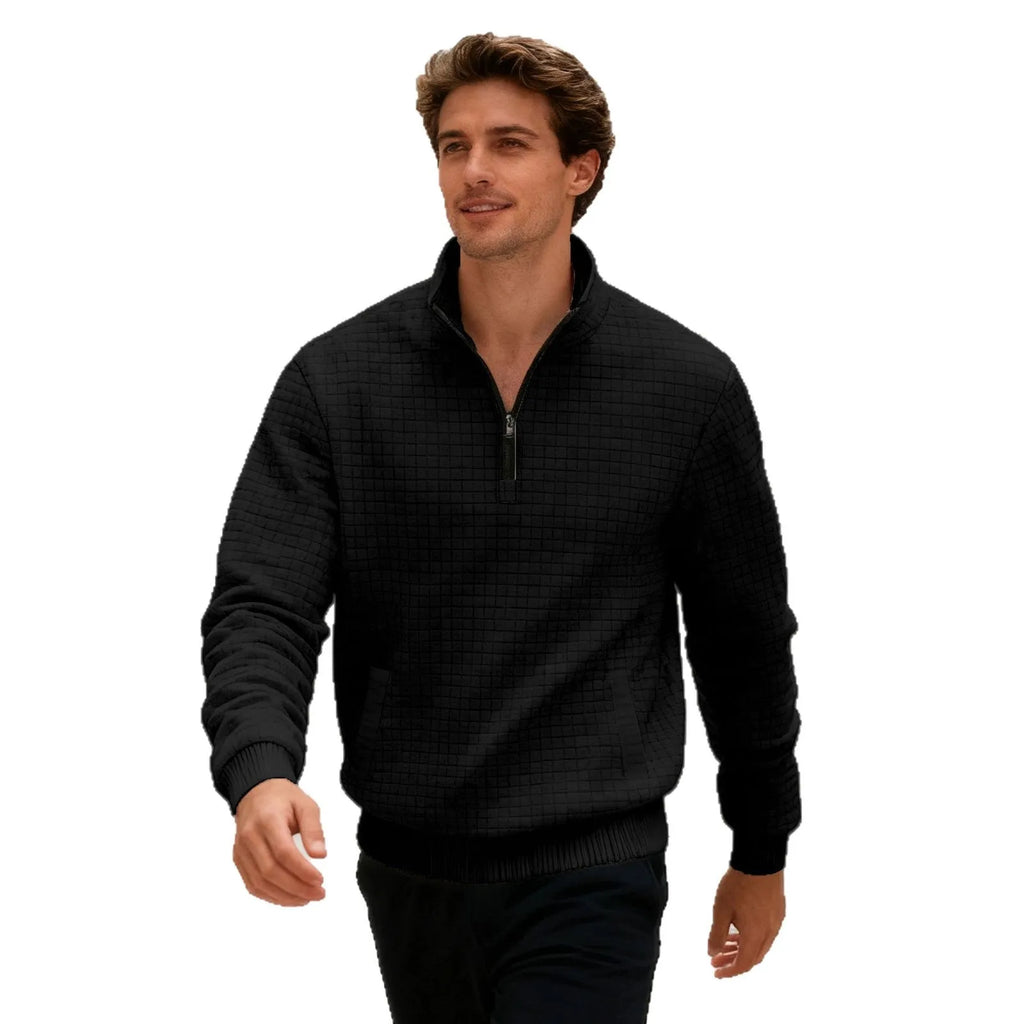 Men's stand-up collar long sleeve jacquard small check sweatshirt in light gray side view