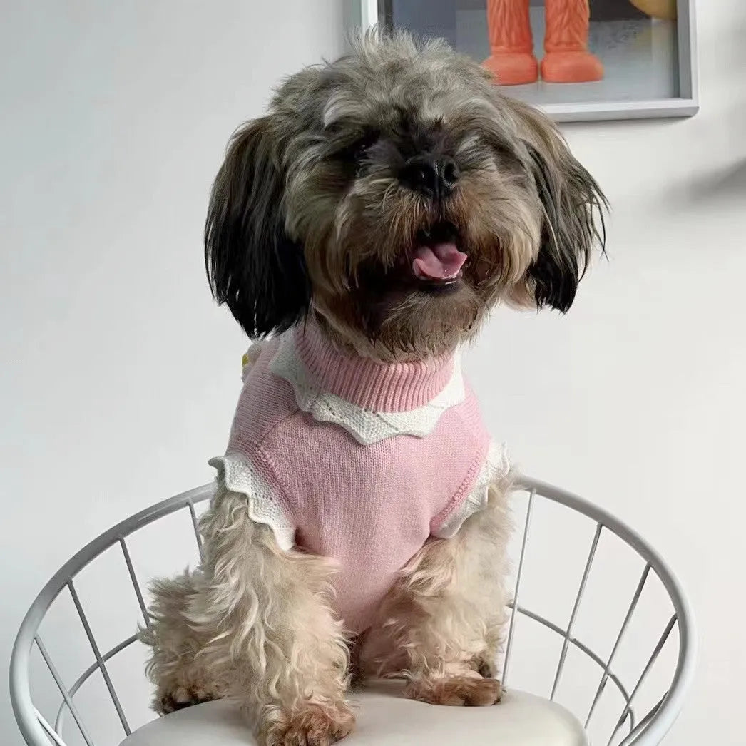 Green flower blossom pattern knit dog sweater shown on a small dog, with size chart for XS S M L XL.