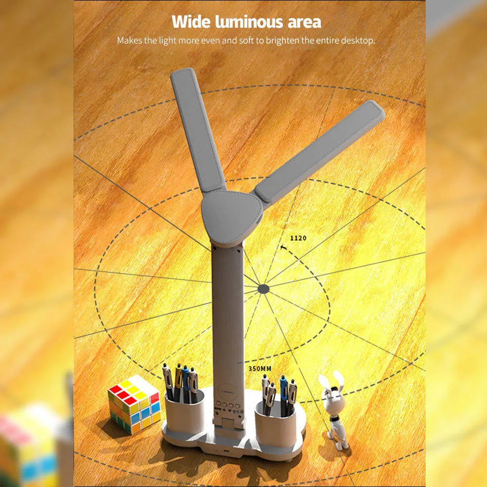 White LED desk lamp with calendar display and pen holder, touch control, USB powered