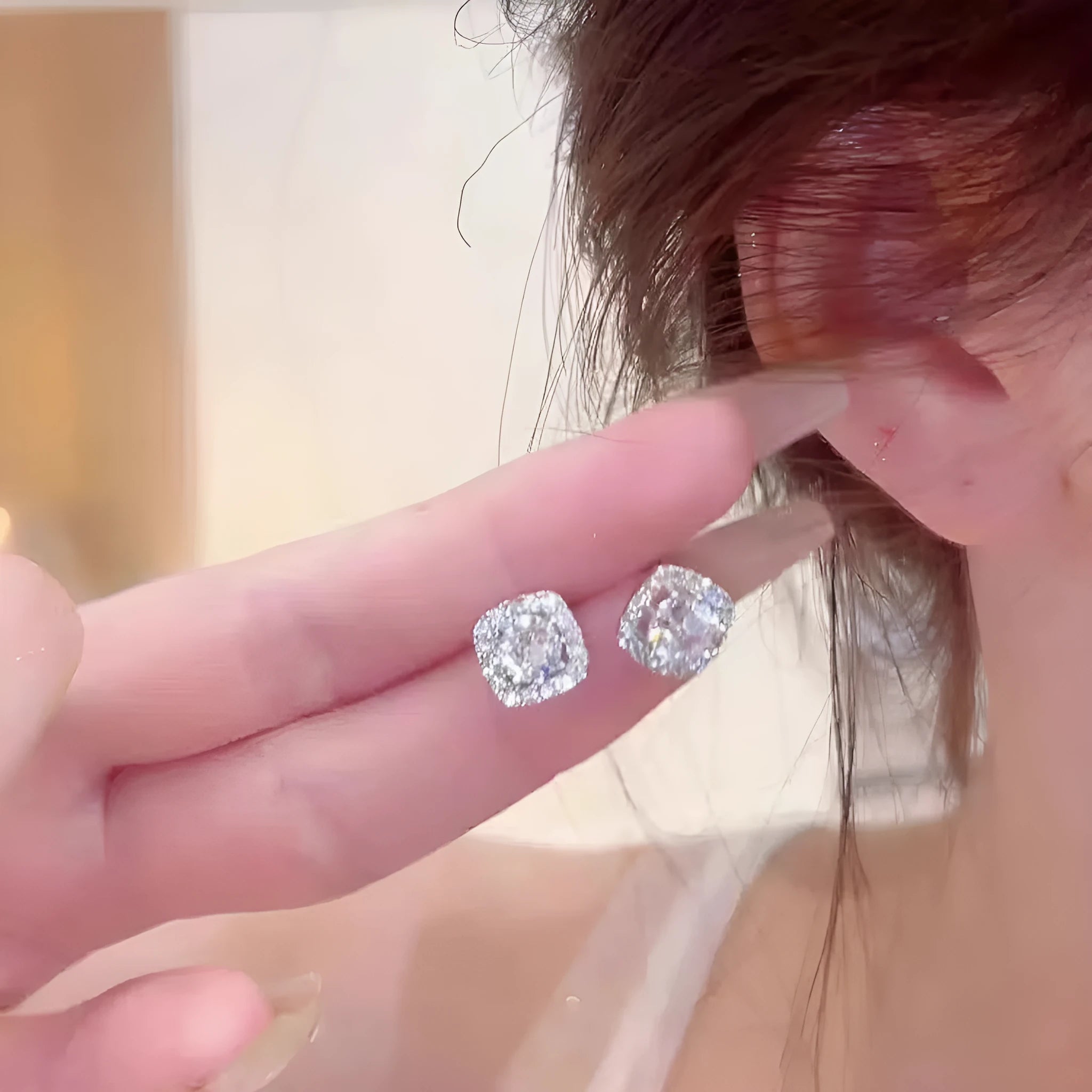 Square diamond geometric earrings for women in gold and silver alloy, showing simple cold style