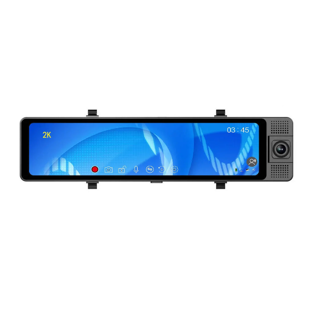 12-inch car dash cam with touch screen and rear reversing camera mounted in vehicle