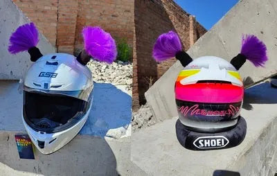 Pair of 8cm tall braided helmet decorations with non-marking adhesive, shown in multiple colour options.