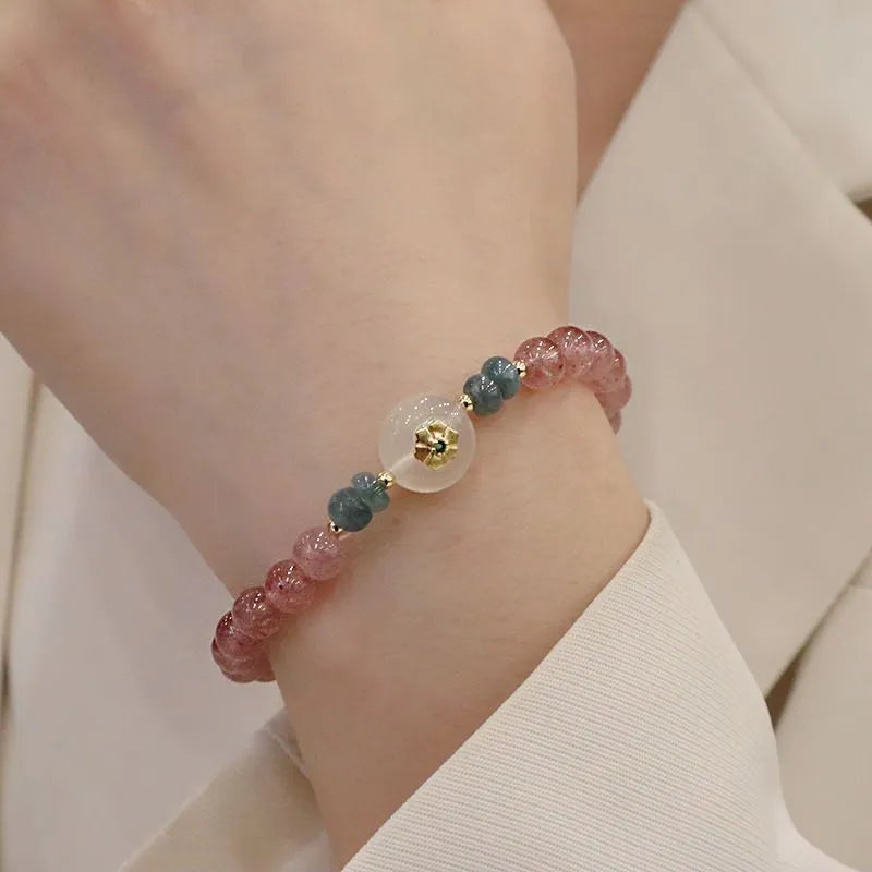 Women's strawberry quartz blue water emerald bracelet with electroplated finish and New Chinese style design