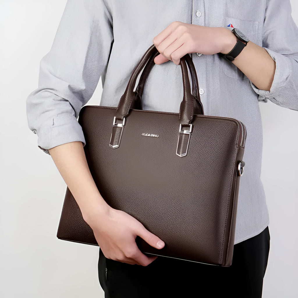 Men's PU leather business handbag with litchi pattern, horizontal square shape, telescopic handle, black or brown