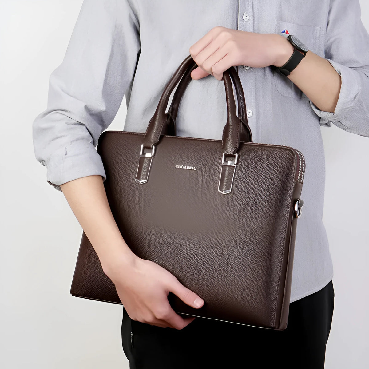 Men's PU leather business handbag with litchi pattern, horizontal square shape, telescopic handle, black or brown