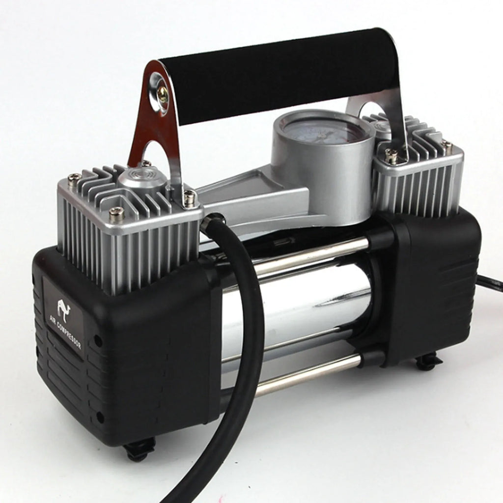12V double cylinder metal car air compressor with battery clips, 250x100x90mm, for tyre inflation
