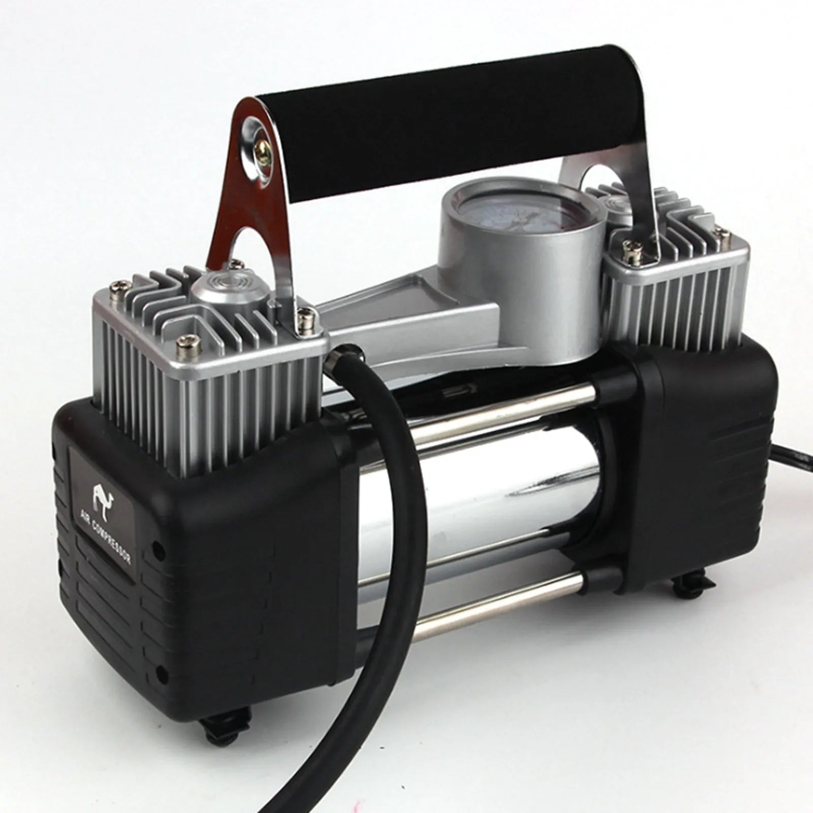 12V double cylinder metal car air compressor with battery clips, 250x100x90mm, for tyre inflation