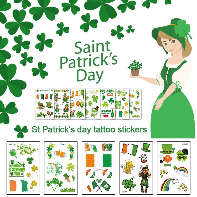 Sheet of St. Patrick's Day clover temporary tattoo stickers showing green design, measuring 120 by 75 millimetres.