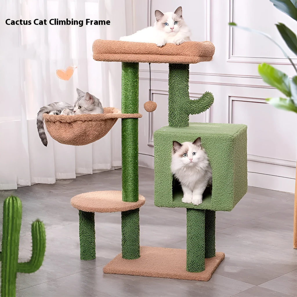 Wooden cat climbing frame with shelf and jumping platform in cactus green, 43x33x87cm dimensions