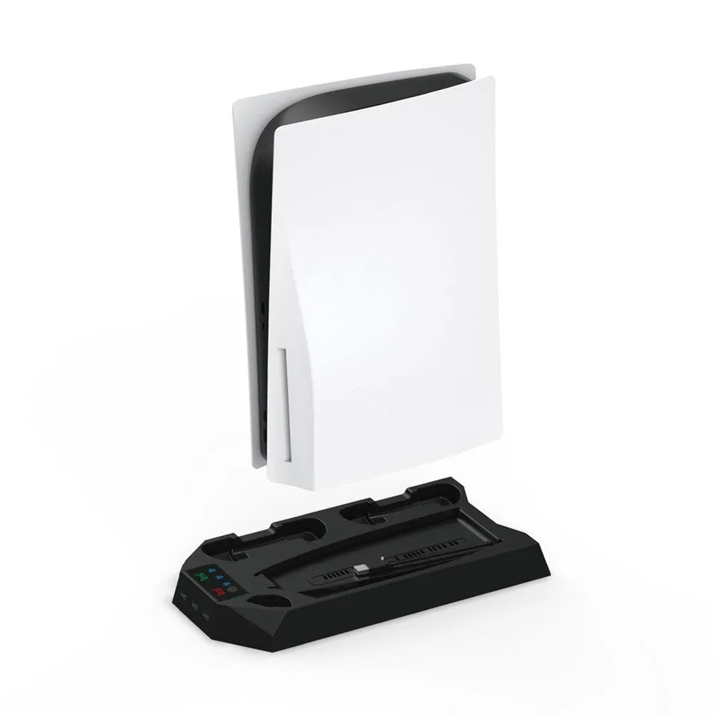 PS5 vertical charging dock stand with cooling fan in black, showing two controllers charging and a headset hanging on hook.
