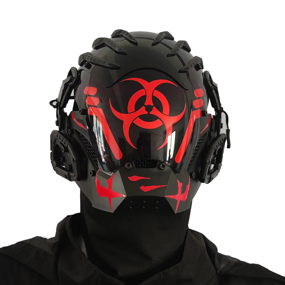 Black full-face polymer helmet with tech design, shown on a stand against a dark background.
