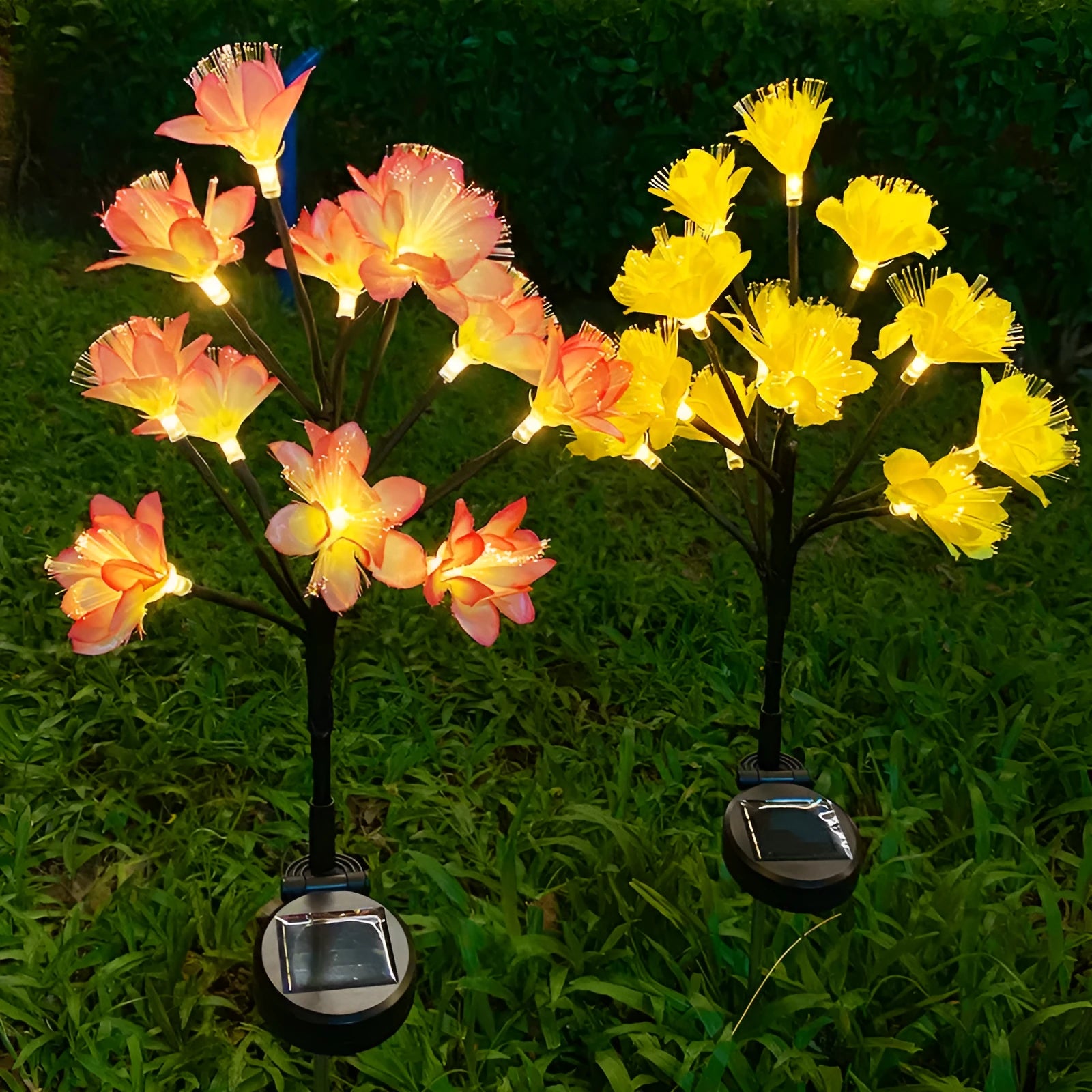 LED solar simulation camellia lawn lamp in garden setting, available in pink or yellow, IP65 rated, 720mm tall