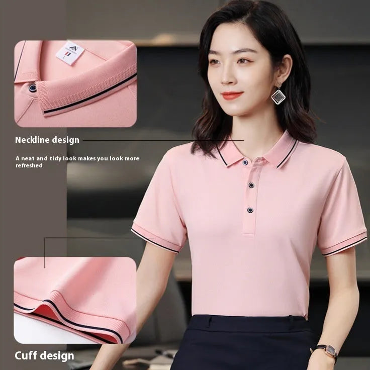 Short-sleeved polo work shirt for beauticians in cool silk cotton fabric with asymmetrical design