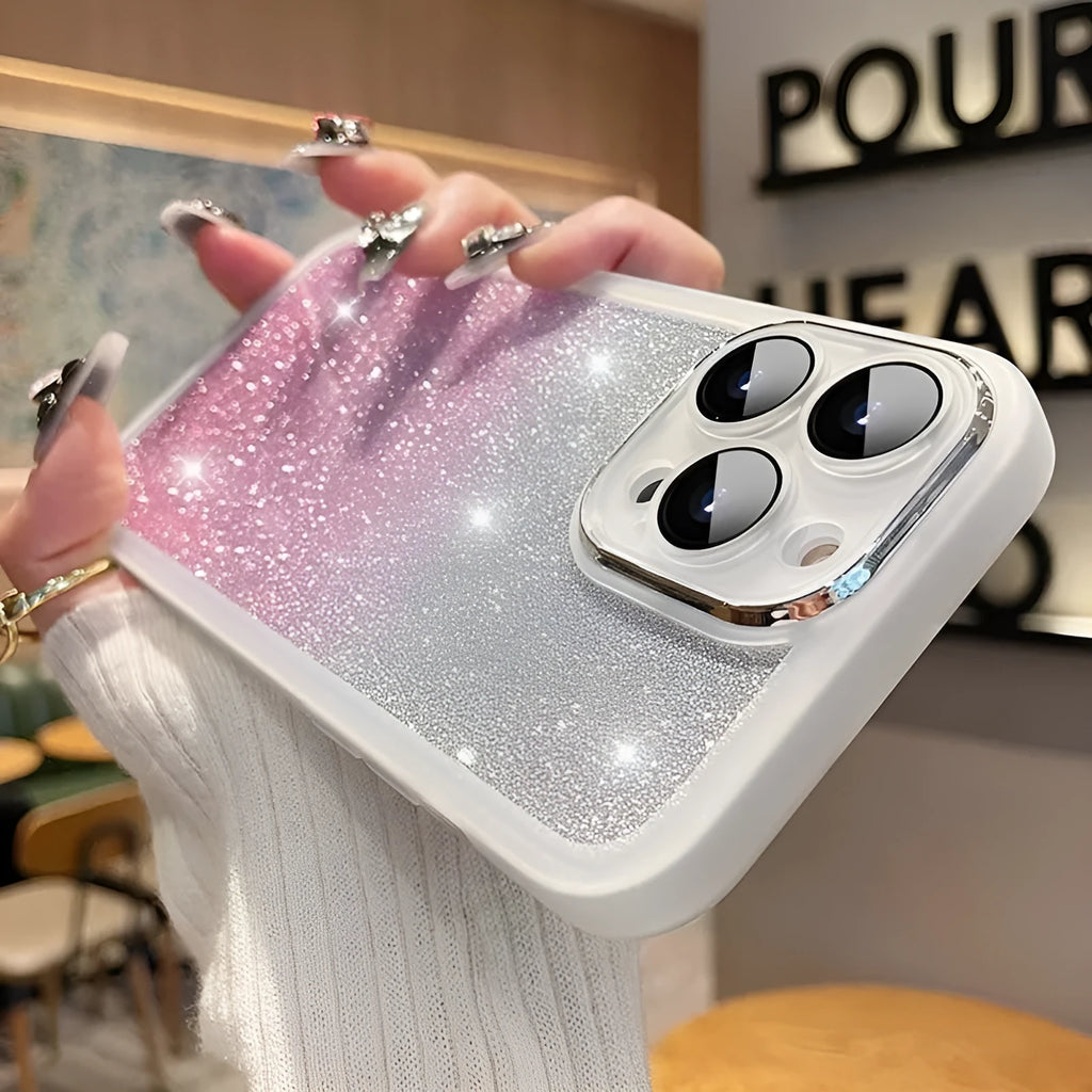 Gradient glitter TPU soft case for iPhone 15 Pro Max in star silver with electroplated rainbow finish