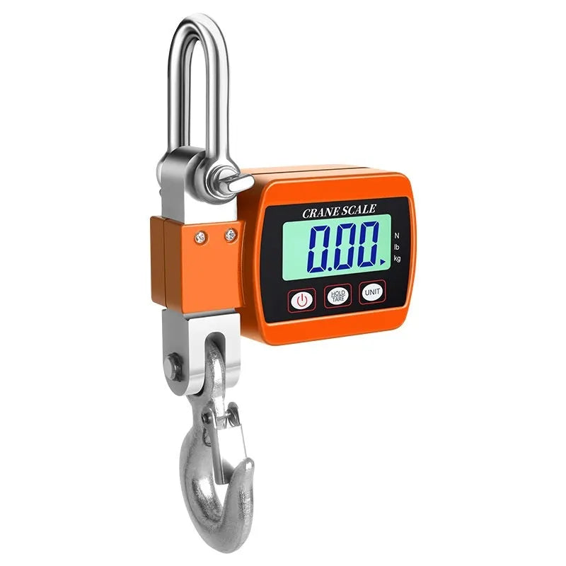 Digital electronic hook scale with display showing weight measurement
