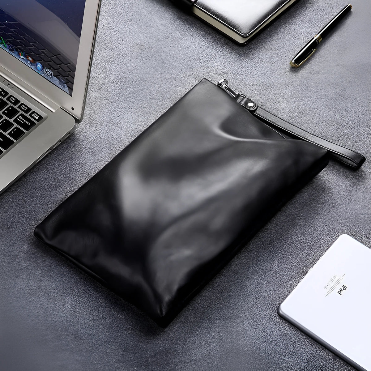 Men's genuine leather casual clutch bag in black or brown, business commute style, solid colour pattern