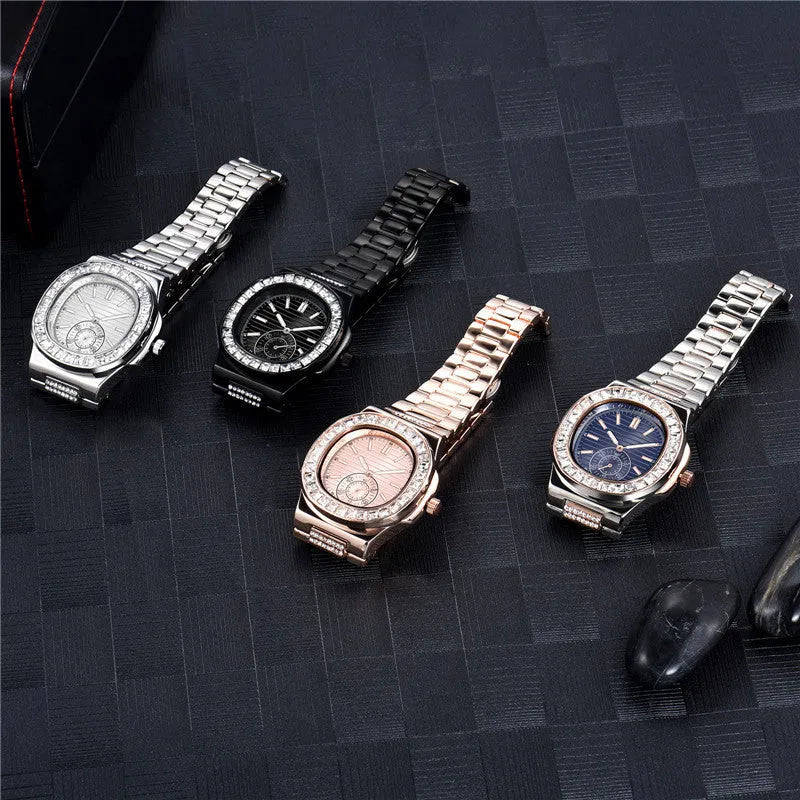 Men's alloy diamond watch with 4.5cm case and 23cm strap, available in black