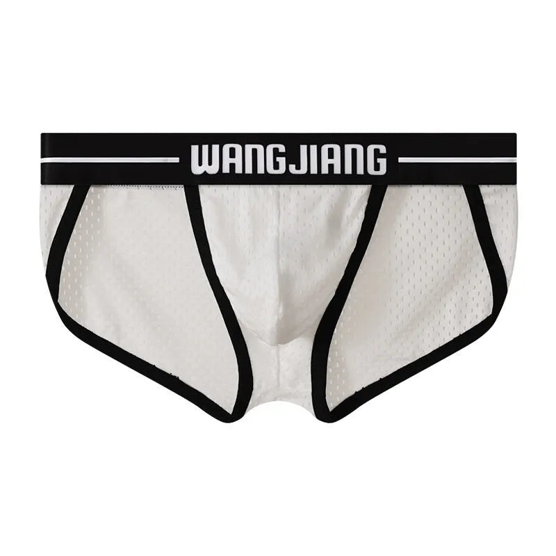 Men's triangle underwear in breathable ice silk mesh fabric, shown in solid colours including black, white, and blue.