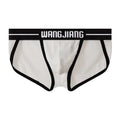 Men's triangle underwear in breathable ice silk mesh fabric, shown in solid colours including black, white, and blue.