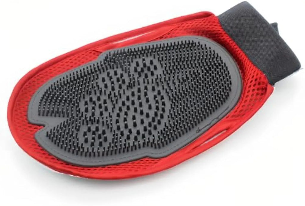 Red pet bathing glove with built-in brush for washing and hair removal