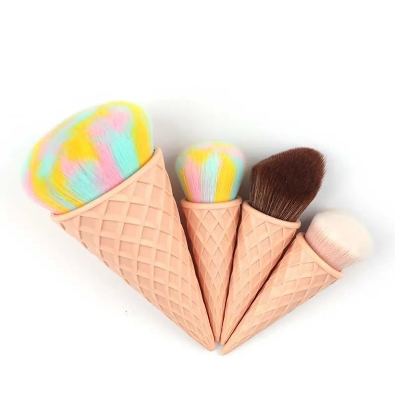 Set of 4 ice cream themed makeup brushes with artificial fibre bristles and plastic handles in paper box