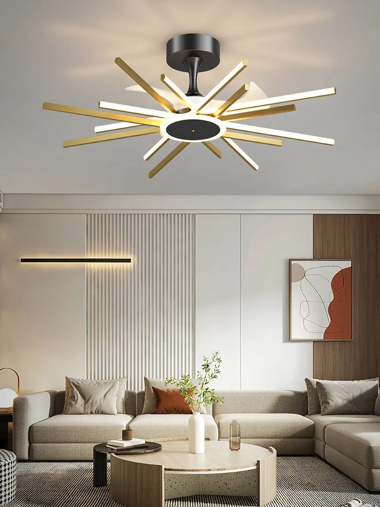 Nordic iron pendant fan lamp with LED light source in black finish, 85cm diameter