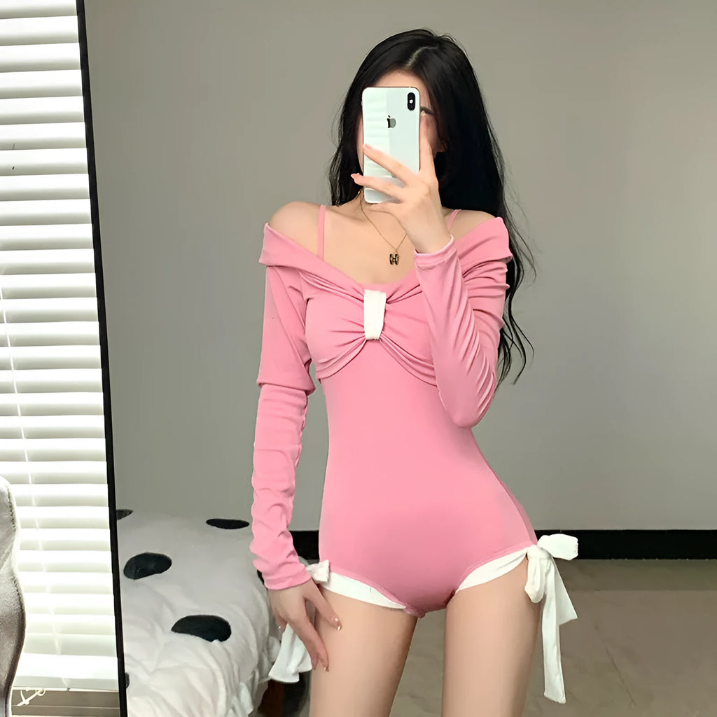 Women's long sleeve one-piece swimsuit in pink and black colour options