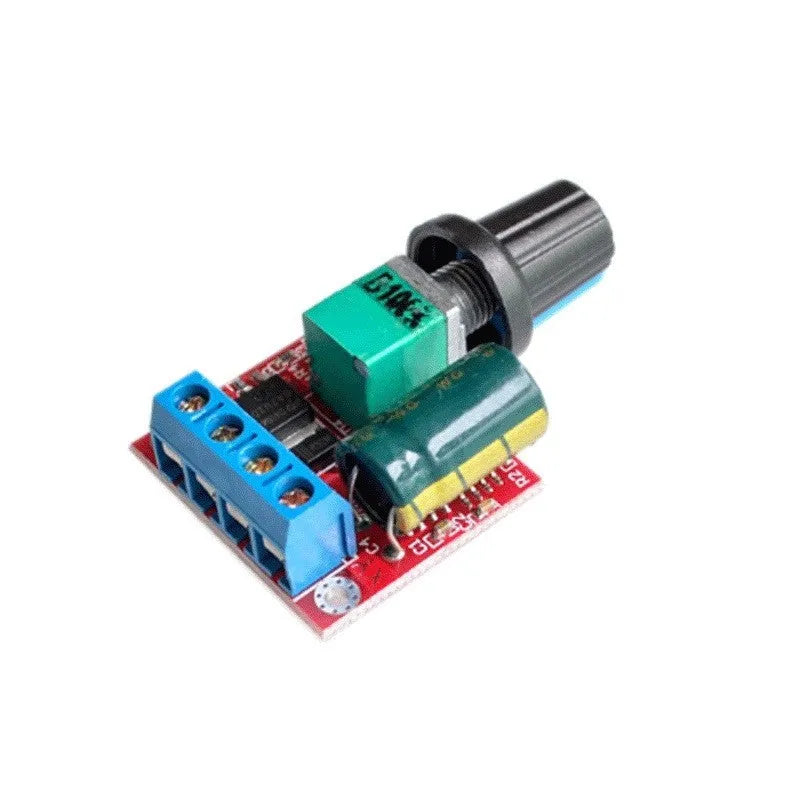 PWM DC motor speed controller module with potentiometer knob, 30mm x 26mm dimensions.