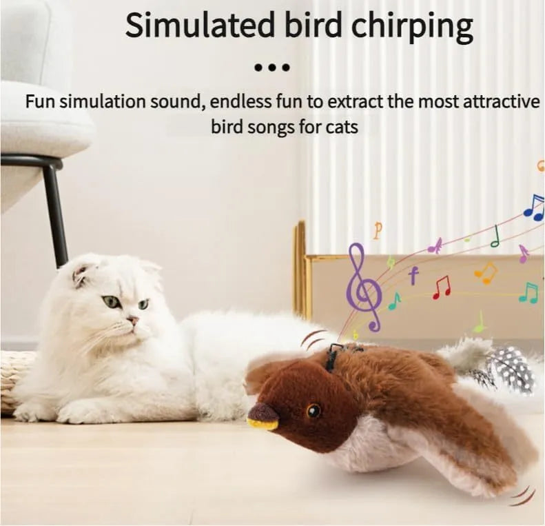Interactive flapping chirping bird cat toy with feather tail for indoor bored cats