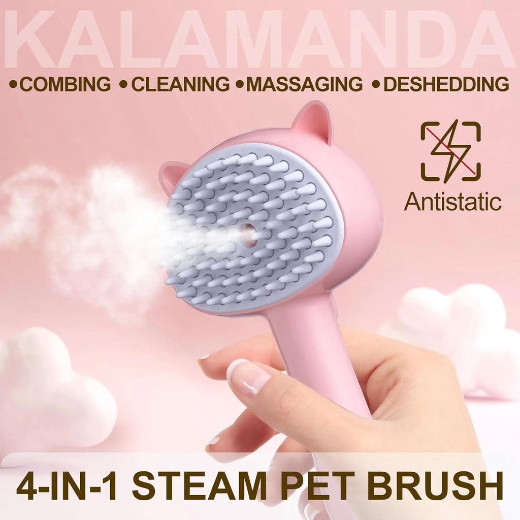 Cat ear-shaped steam grooming brush with ergonomic handle and coloured bristles