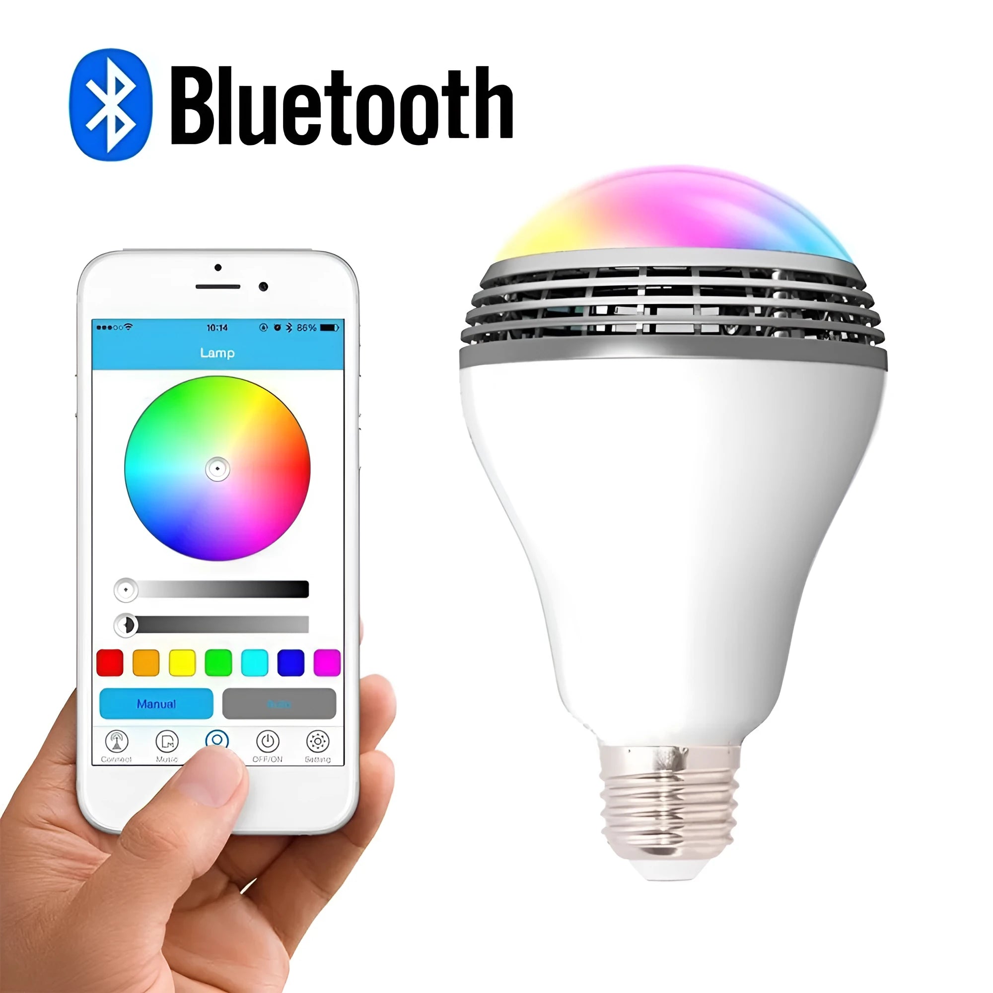 LED smart bulb with Bluetooth speaker functionality and RGB colour changing features in E27 fitting