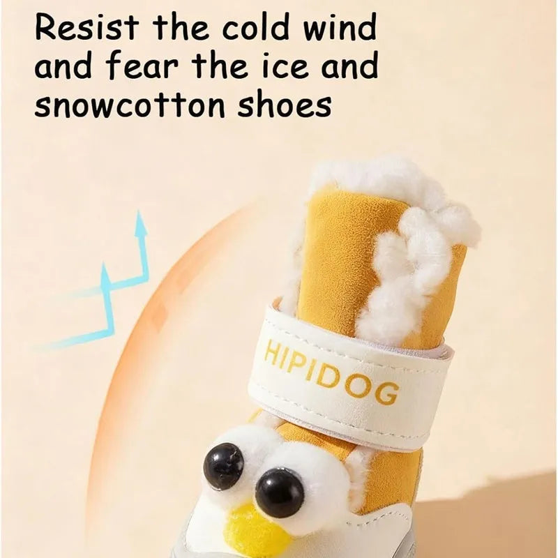 Thick warm anti-slip dog shoes with plush lining and adjustable strap for winter walks