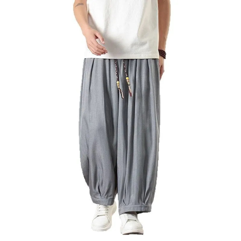 Men's retro straight-leg harem pants, cropped length, solid colour, chemical fibre blend, casual style