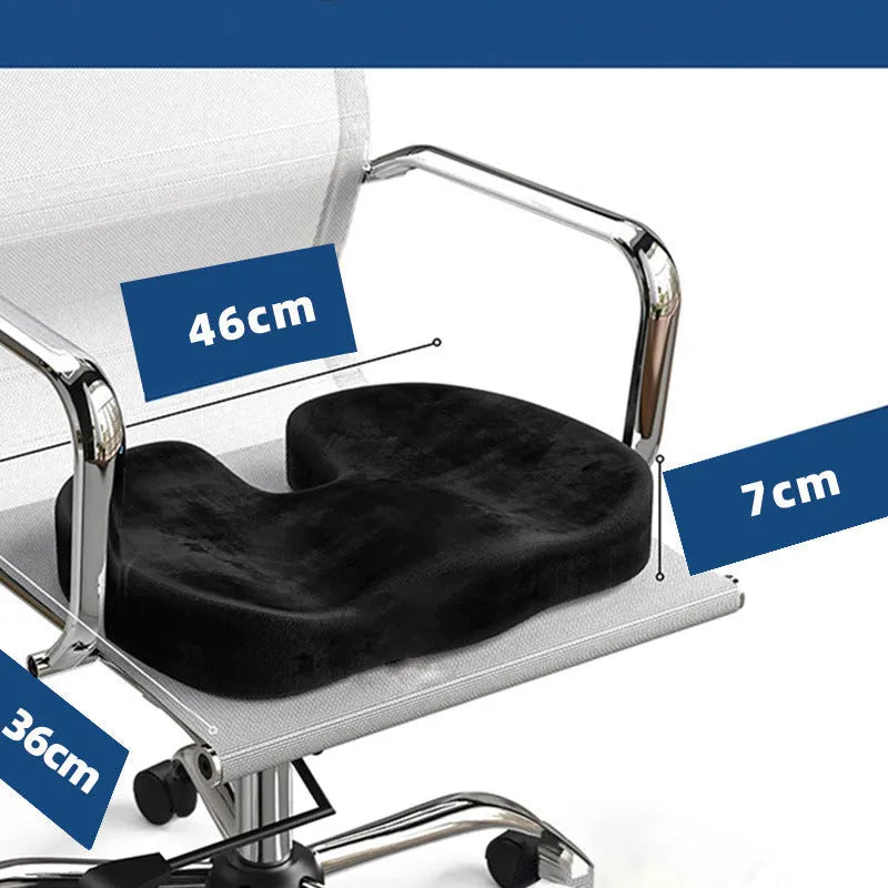 Black flannel U-shaped memory foam office seat cushion measuring 46x36x7cm