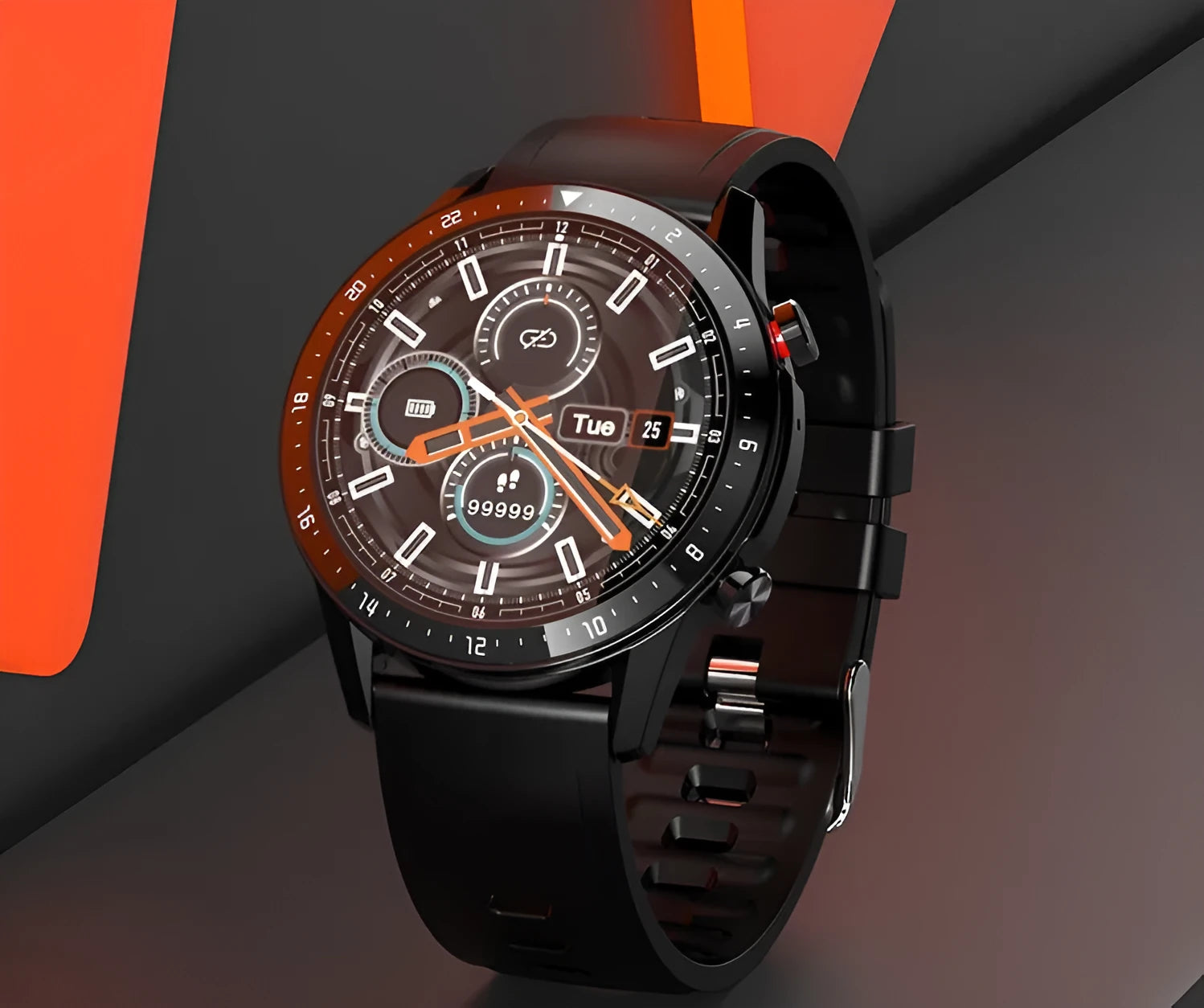 Black Bluetooth smart watch with 1.3-inch screen on wrist, showing call and music icons.