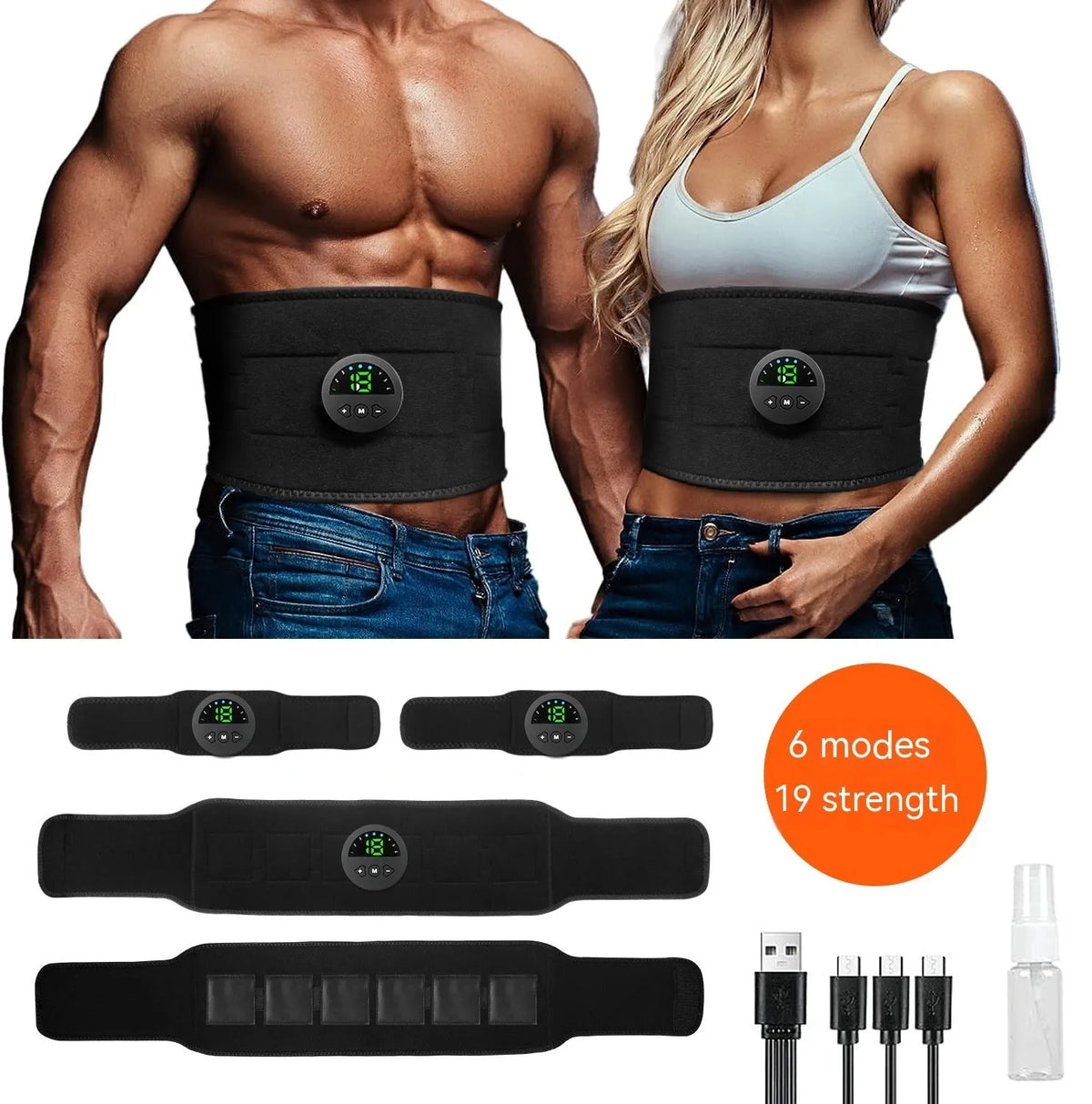 EMS fitness belt waist massager with silicone waistband, arm patch, abdominal patch, USB cable