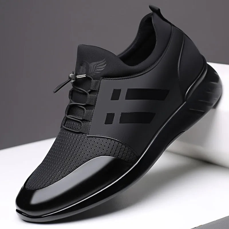 Men's black casual height increasing shoes with chunky heel in leather or mesh upper options
