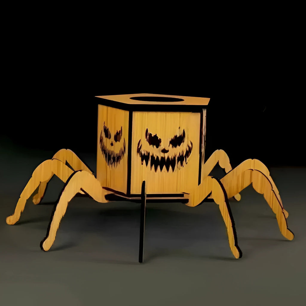 Wooden ghost Halloween spider mini lantern candlestick decoration measuring 21x8.5cm
