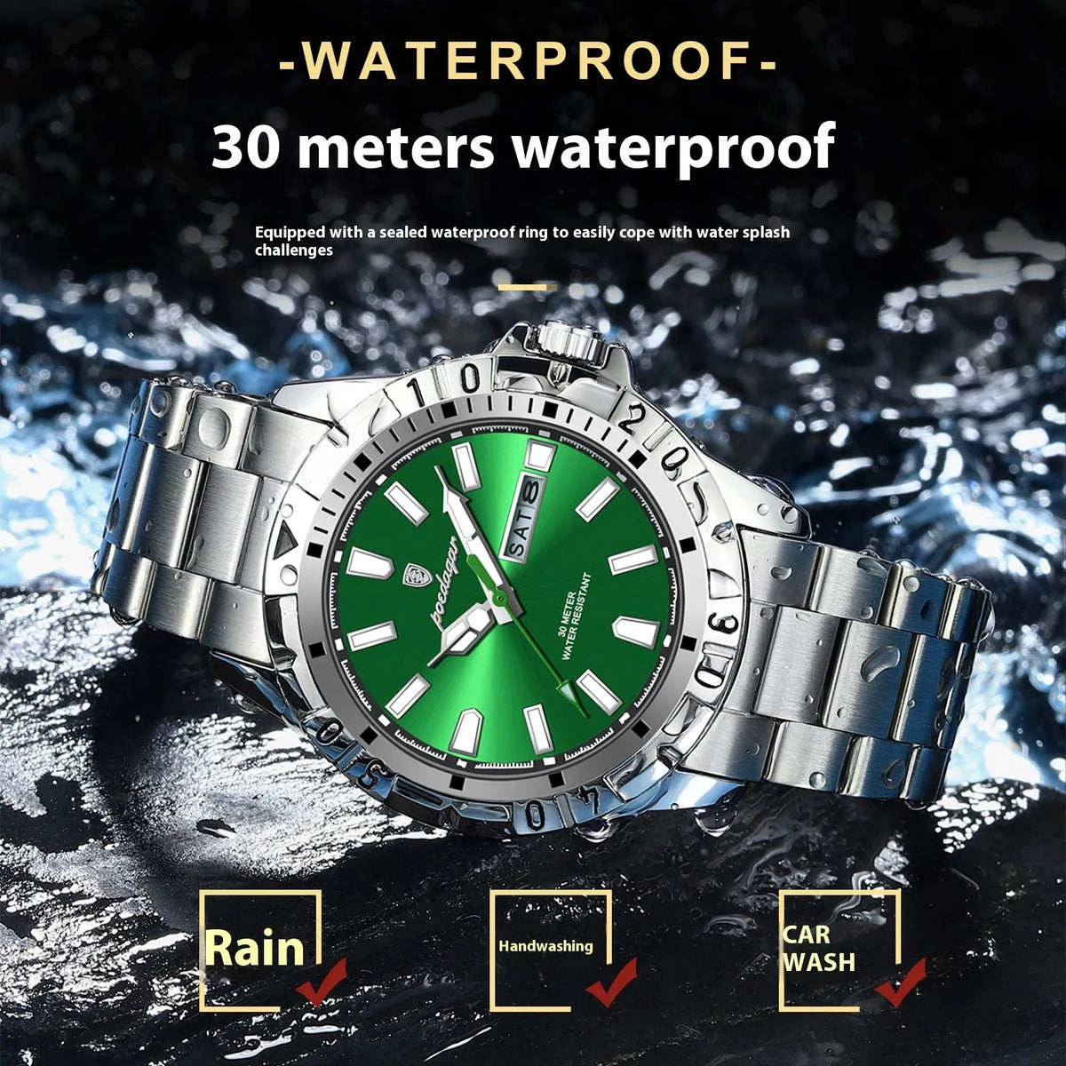 Men's waterproof luminous watch with 6mm thin case and steel belt strap in silver, gold, or black.
