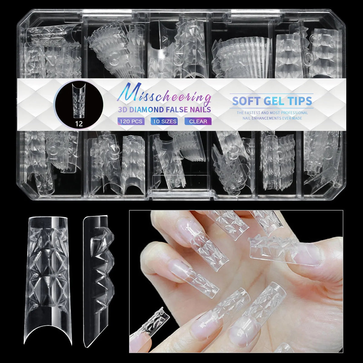 Pack of clear glitter nail extension tips showing 3D diamond design in various colours.