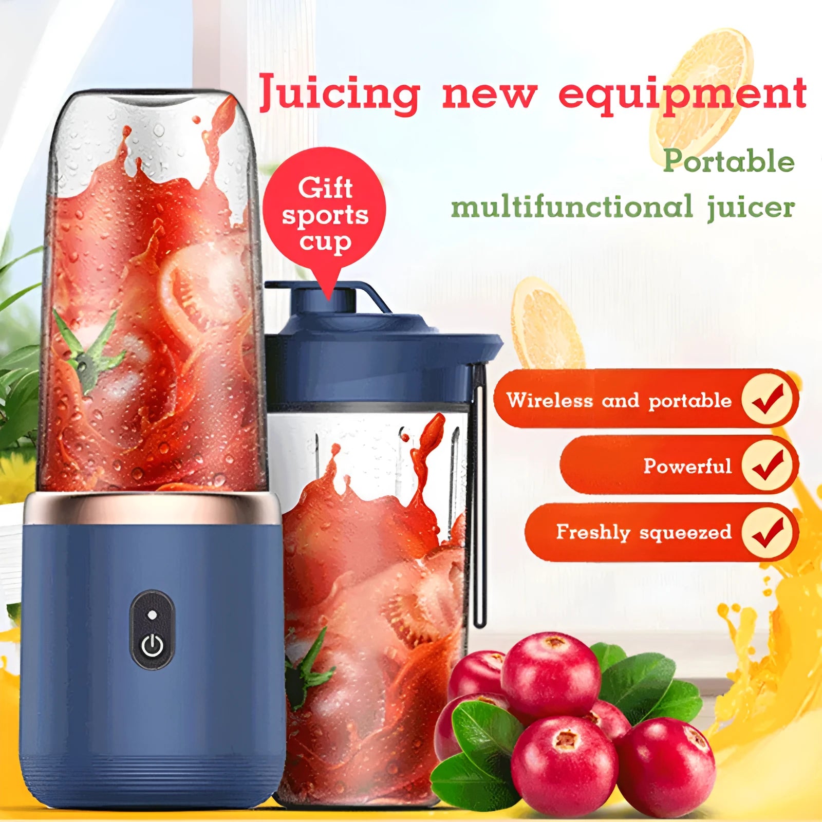 Tunisian dark blue portable USB blender with cup lid, showing compact size and 6-blade design