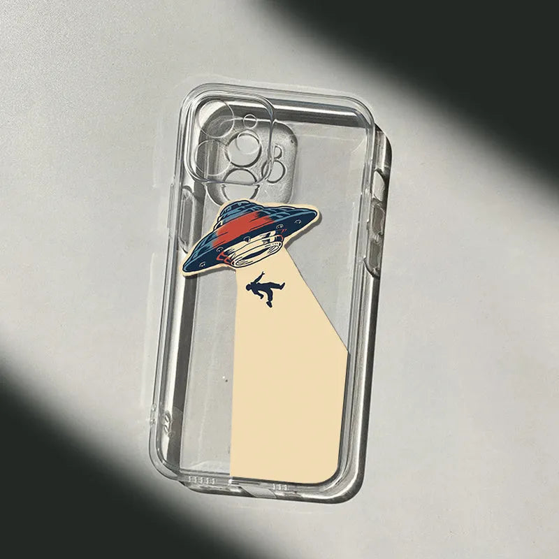 Transparent TPU phone case with UFO astronaut graphic for Apple iPhone
