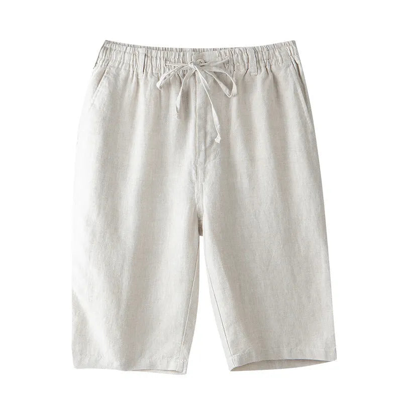 Men's light grey linen capris with straight-leg loose fit on hanger