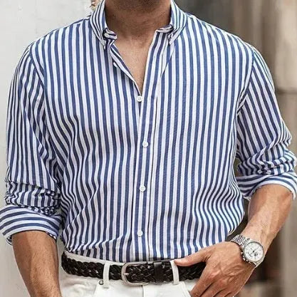 Men's loose fit striped button shirt in polyester fabric available in multiple colours