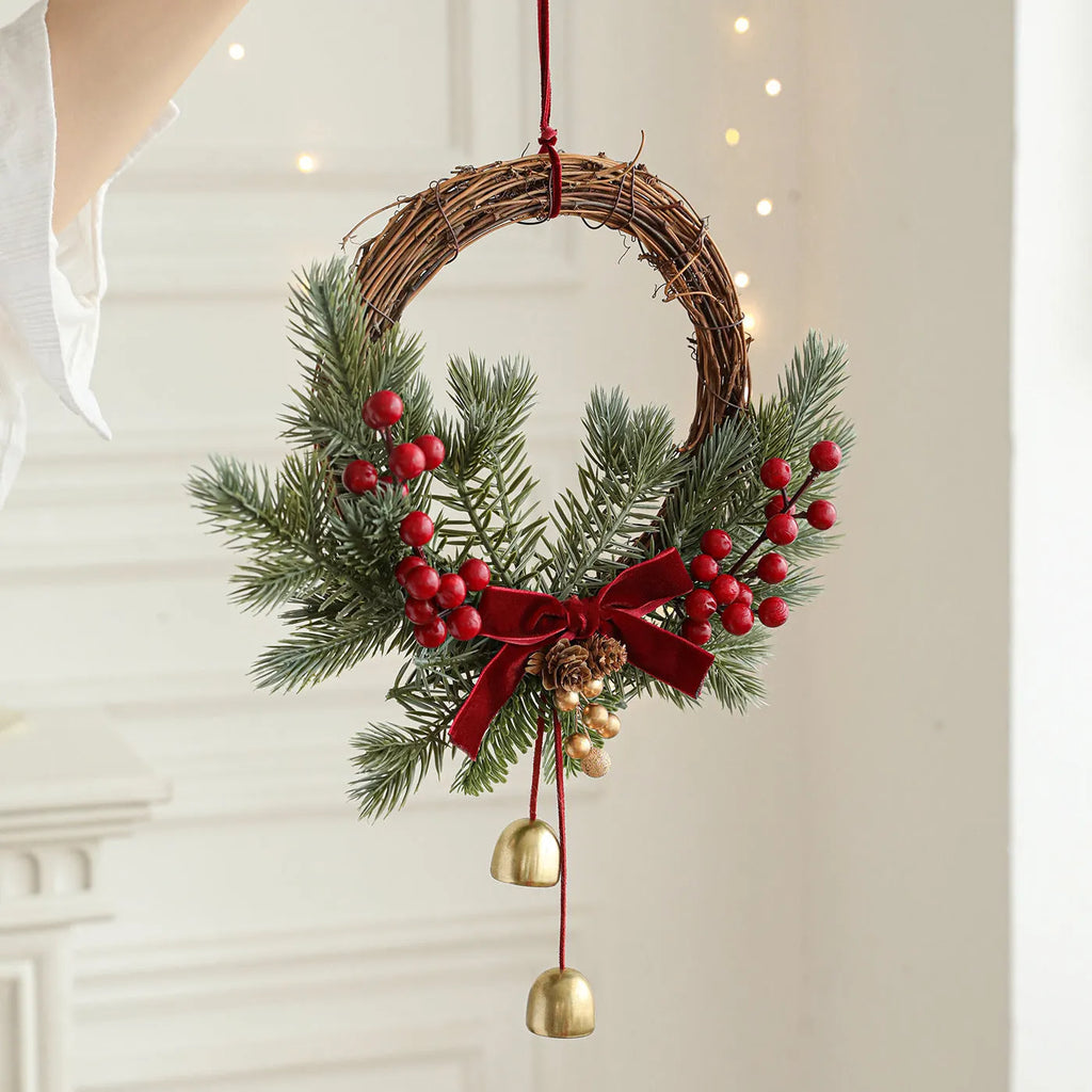 New Christmas rattan plaited garland with bell, bow, and Stranvaesia davidiana berries in light luxury style on a dark background