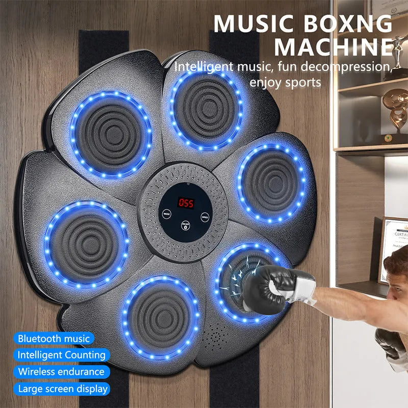 Black plastic smart boxing wall target with LED lights and four half-finger Velcro boxing gloves.