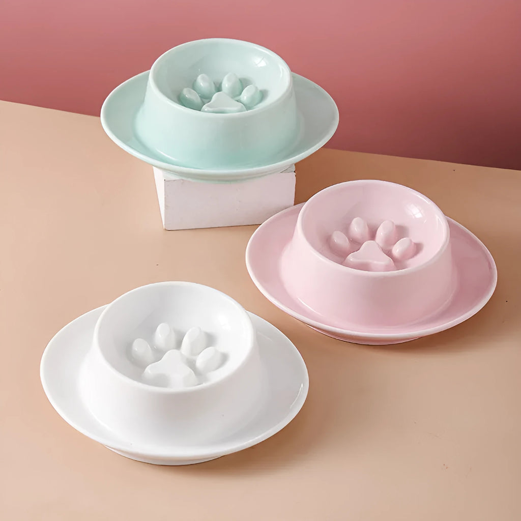 Ceramic anti-choking slow food pet bowl with neck protection in green colour