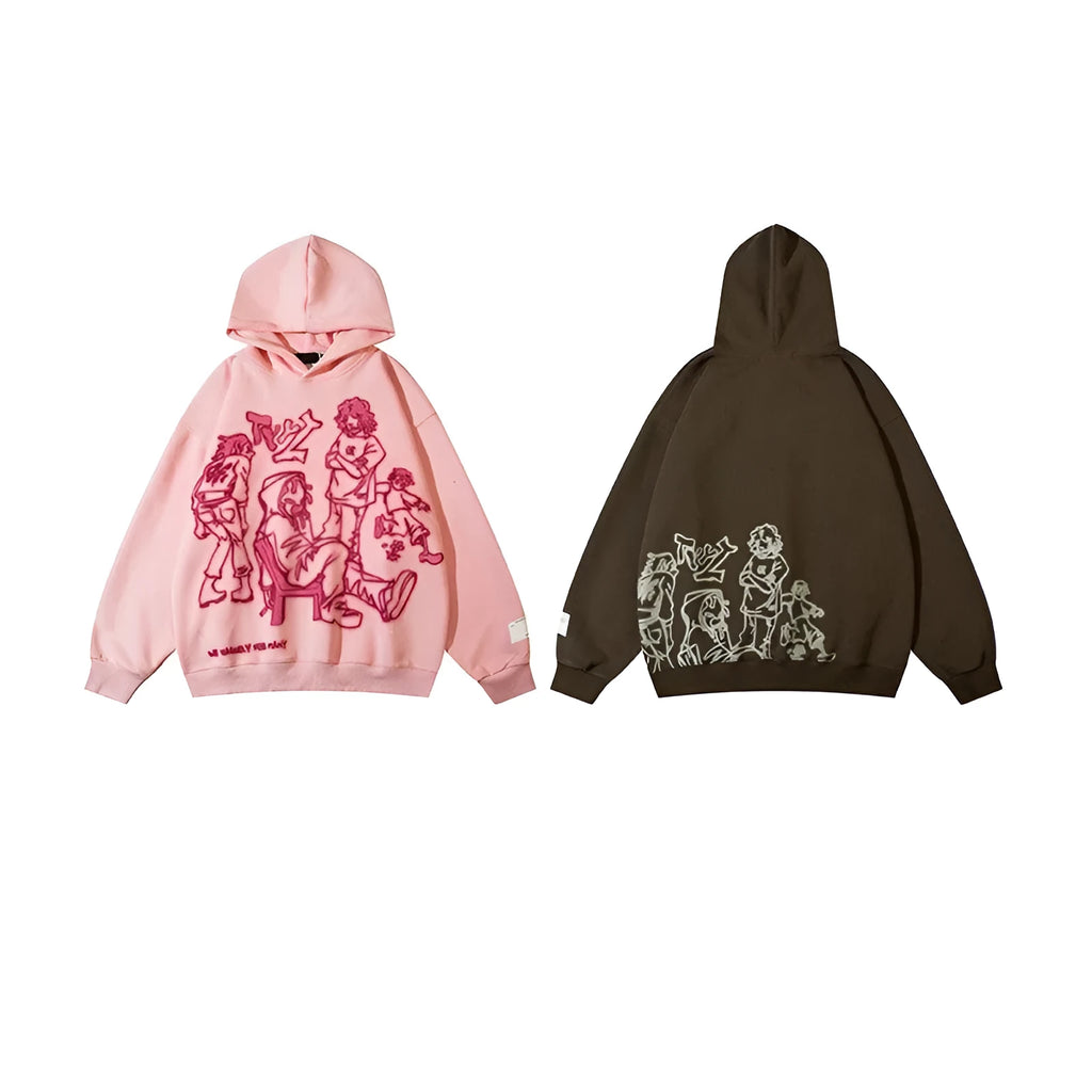 Loose-fitting couples oversize hoodie, long sleeve round neck, 90% polyester, brown and pink, sizes S-XXL